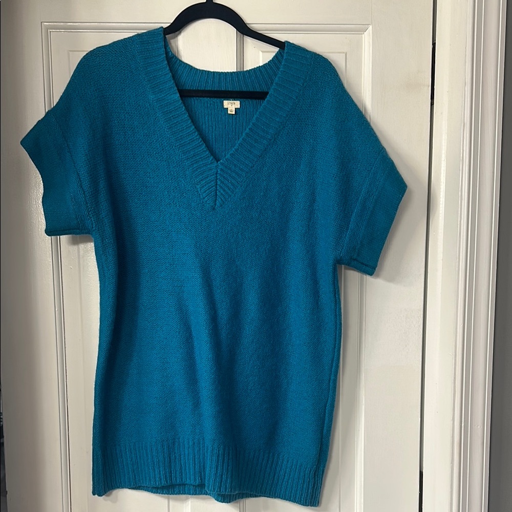 Women’s Teal Oversized V-Neck Short Sleeve Sweater
